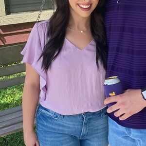 Lavender V-Neck Flutter Sleeve Blouse